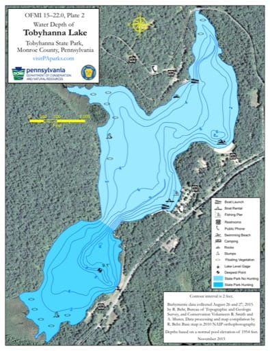 Water Depth Map of Tobyhanna Lake at Tobyhanna State Parks (SP) in Pennsylvania. Published by Pennsylvania State Parks.