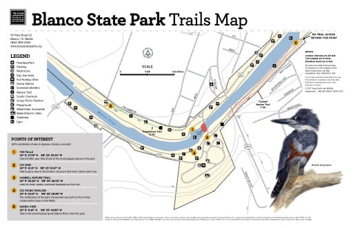 Trails Map of Blanco State Park (SP) in Texas. Published by Texas Parks & Wildlife.