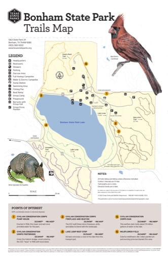 Trails Map of Bonham State Park (SP) in Texas. Published by Texas Parks & Wildlife.