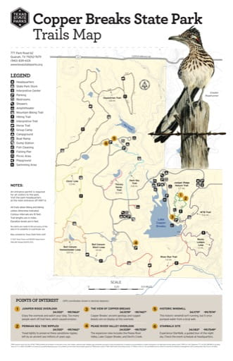 Trails Map of Copper Breaks State Park (SP) in Texas. Published by Texas Parks & Wildlife.