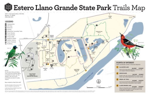 Trails Map of Estero Llano Grande State Park (SP) in Texas. Published by Texas Parks & Wildlife.