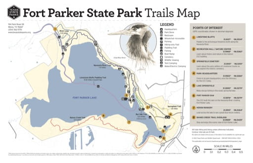Trails Map of Fort Parker State Park (SP) in Texas. Published by Texas Parks & Wildlife.