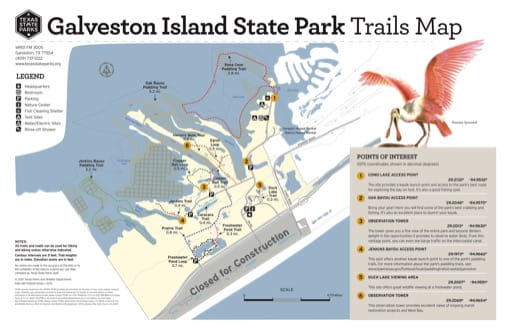 Trails Map of Galveston Island State Park (SP) in Texas. Published by Texas Parks & Wildlife.