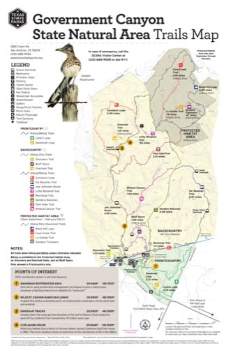 Trails Map of Government Canyon State Natural Area (SNA) in Texas. Published by Texas Parks & Wildlife.