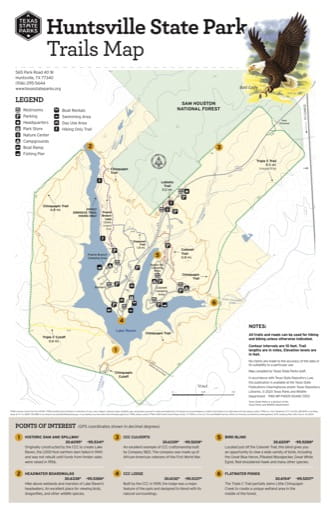 Trails Map of Huntsville State Park (SP) in Texas. Published by Texas Parks & Wildlife.