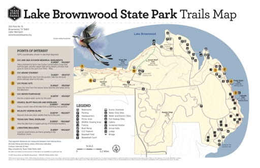 Trails Map of Lake Brownwood State Park (SP) in Texas. Published by Texas Parks & Wildlife.