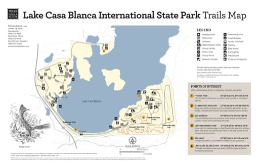 Trails Map of Lake Casa Blanca International State Park (SP) in Texas. Published by Texas Parks & Wildlife.