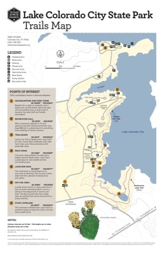 Trails Map of Lake Colorado City State Park (SP) in Texas. Published by Texas Parks & Wildlife.