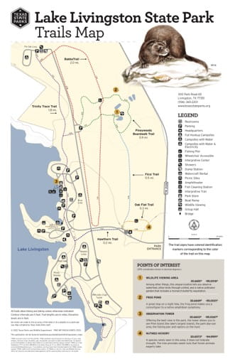 Trails Map of Lake Livingston State Park in Texas. Published by Texas Parks & Wildlife.