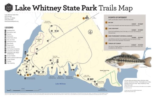 Trails Map of Lake Whitney State Park (SP) in Texas. Published by Texas Parks & Wildlife.