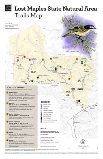 Trails Map of Lost Maples State Natural Area (SNA) in Texas. Published by Texas Parks & Wildlife.