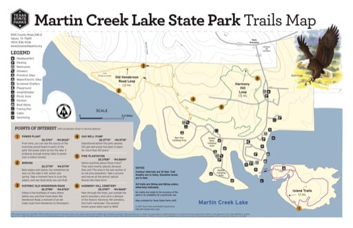 Trails Map of Martin Creek Lake State Park (SP) in Texas. Published by Texas Parks & Wildlife.