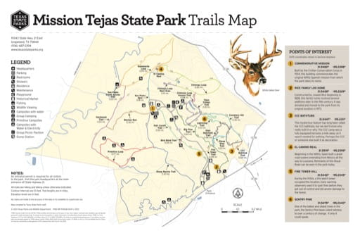 Trails Map of Mission Tejas State Park (SP) in Texas. Published by Texas Parks & Wildlife.