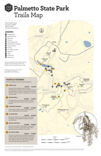 Trails Map of Palmetto State Park (SP) in Texas. Published by Texas Parks & Wildlife.