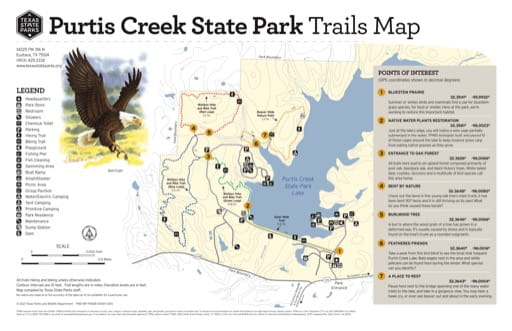 Trails Map of Purtis Creek State Park (SP) in Texas. Published by Texas Parks & Wildlife.
