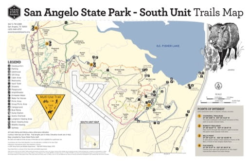 Trails Map of the South Section of San Angelo State Park (SP) in Texas. Published by Texas Parks & Wildlife.
