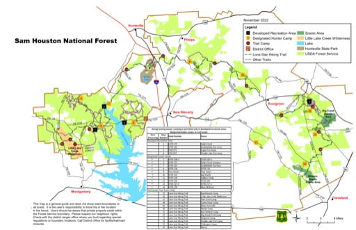 Hunter Camp Map of Sam Houston National Forest (NF) in Texas. Published by the U.S. Forest Service (USFS).