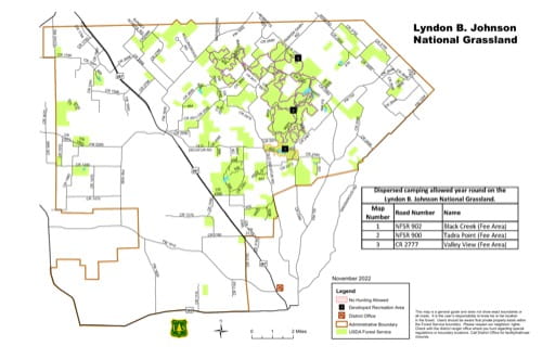 Hunter Camp Map of Lyndon B. Johnson National Grassland (NG) in Texas. Published by the U.S. Forest Service (USFS).