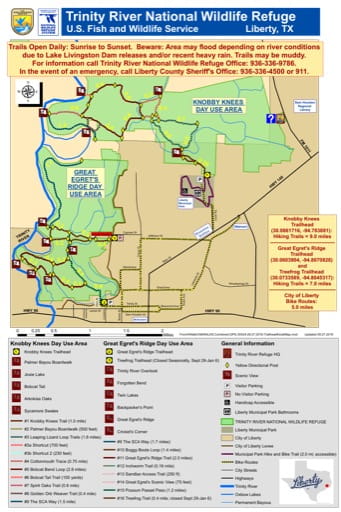 Trails Map of Trinity River National Wildlife Refuge (NWR) in Texas. Published by the U.S. Fish & Wildlife Service (USFWS).