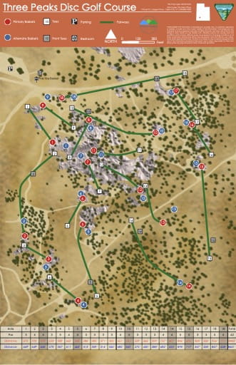 Map of the Disc Golf Course within the Three Peas Recreation Area (RA) in the BLM Cedar City Field Office area in Utah. Published by the Bureau of Land Management (BLM).