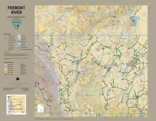 Travel Map of Fremont River area in the BLM Henry Mountains Field Station area. Published by the Bureau of Land Management (BLM).
