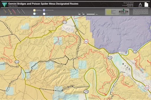 Map of Gemini Bridges and Poison Spider Mesa Designated Routes near Moab in the BLM Moab Field Office area in Utah. Published by the Bureau of Land Management (BLM).