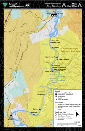 Recreation Map of Westwater Canyon River in the BLM Moab Field Office area in Utah. Published by the Bureau of Land Management (BLM).