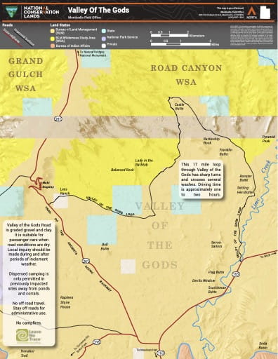 Visitor Map of Valley Of The Gods Road near Road Canyon Wilderness Study Area (WSA) in the BLM Monticello Field Office area in Utah. Published by the Bureau of Land Management (BLM).