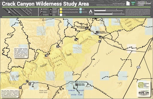 Visitor Map of Crack Canyon Wilderness Study Area (WSA) near Goblin Valley State Park (SP) in the BLM Price Field Office area in Utah. Published by the Bureau of Land Management (BLM).
