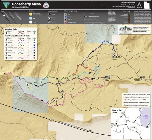 Map of Gooseberry Mesa Trail System near Zion National Park (NP) in the BLM St. George Field Office area in Utah. Published by the Bureau of Land Management (BLM).