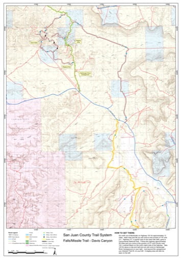 Map of Falls-Missile Trail and Davis Canyon Off-Highway Vehicle (OHV) Trails. Published by San Juan County.
