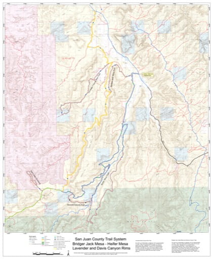Map of Bridger Jack Mesa, Heifer Mesa and Lavender and Davis Canyon Rims Off-Highway Vehicle (OHV) Trails. Published by San Juan County.