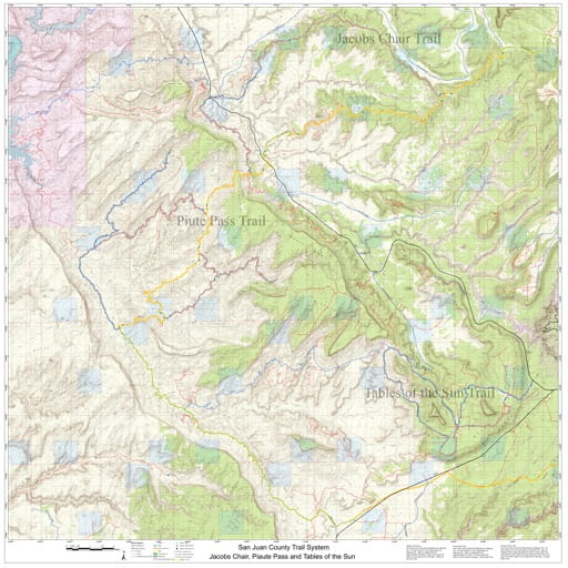 Map of Jacobs Chair, Piute Pass and Tables of the Sun Off-Highway Vehicle (OHV) Trails. Published by San Juan County.