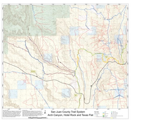 Map of Arch Canyon, Hotel Rock and Texas Flat Off-Highway Vehicle (OHV) Trails. Published by San Juan County.