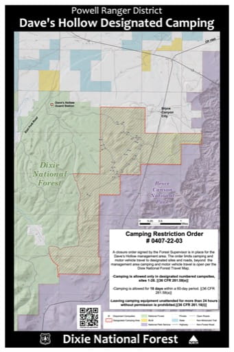 Map of Dave's Hollow Designated Camping in Dixie National Forest (NF) west of Bryce Canyon National Park (NP) in Utah. Published by the U.S. Forest Service (USFS).