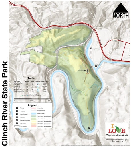 Visitor Map of Clinch River State Park (SP) in Virginia. Published by Virginia State Parks.