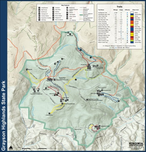 Visitor Map of Grayson Highlands State Park (SP) in Virginia. Published by Virginia State Parks.