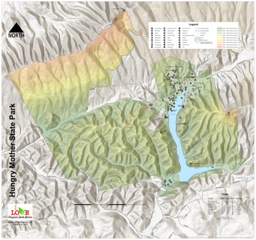 Visitor Map of Hungry Mother State Park (SP) in Virginia. Published by Virginia State Parks.