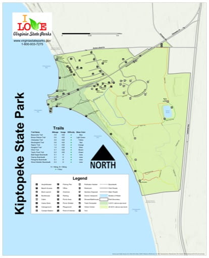 Visitor Map of Kiptopeke State Park (SP) in Virginia. Published by Virginia State Parks.