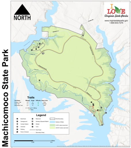 Visitor Map of Machicomoco State Park (SP) in Virginia. Published by Virginia State Parks.