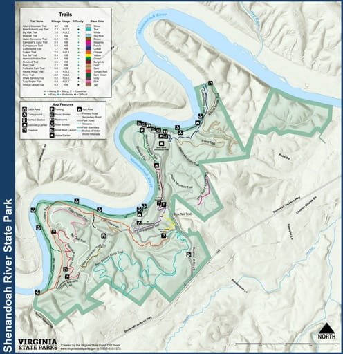 Visitor Map of Shenandoah River State Park (SP) in Virginia. Published by Virginia State Parks.