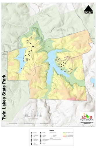 Visitor Map of Twin Lakes State Park (SP) in Virginia. Published by Virginia State Parks.