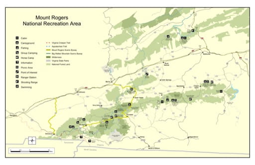 Visitor Map of Mount Rogers National Recreation Area (NRA) in Virginia. Published by the U.S. Forest Service (USFS).