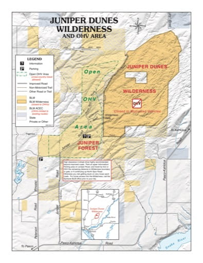 Trails Map of Juniper Dunes Wilderness and Off-Highway Vehicle Area (OHV) in the BLM Border District Office area in Washington. Published by the Bureau of Land Management (BLM).