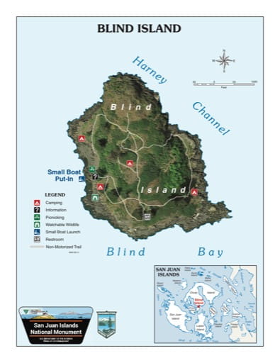 Map of Blind Island in San Juan Islands National Monument (NM) in Washington. Published by the Bureau of Land Management (BLM).
