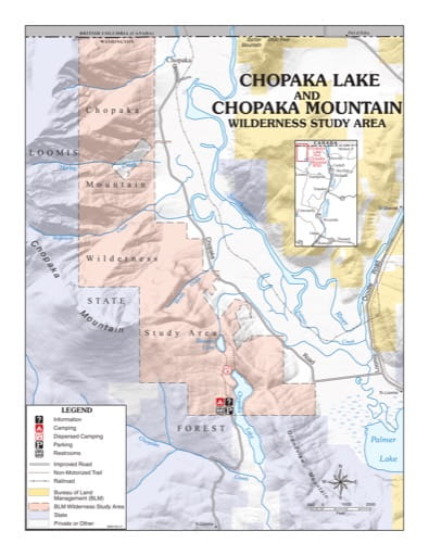 Map of Chopaka Lake and Chopaka Mountain Wilderness Study Area (WSA) in Washington. Published by the Bureau of Land Management (BLM).