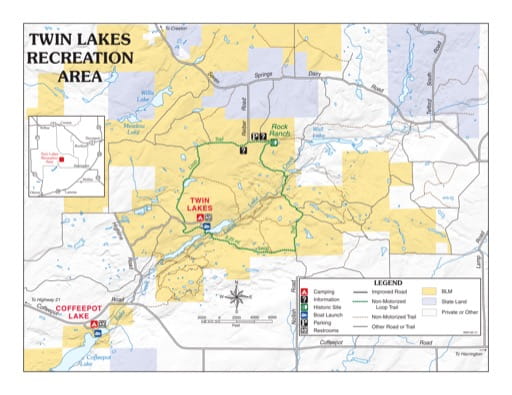 Map of Twin Lakes Recreation Area (RA) in the BLM Spokane District Office area in Washington. Published by the Bureau of Land Management (BLM).