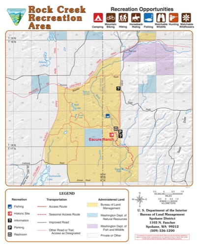 Map of Rock Creek Recreation Area (RA) in the BLM Spokane District area in Washington. Published by the Bureau of Land Management (BLM).