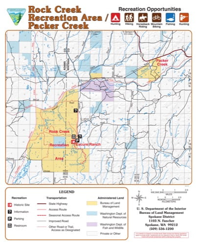Map of Rock Creek Recreation Area (RA) in the BLM Spokane District area in Washington. Published by the Bureau of Land Management (BLM).