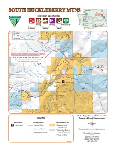 Recreation Map of South Huckleberry Mountains in the BLM Spokane District area in Washington. Published by the Bureau of Land Management (BLM).